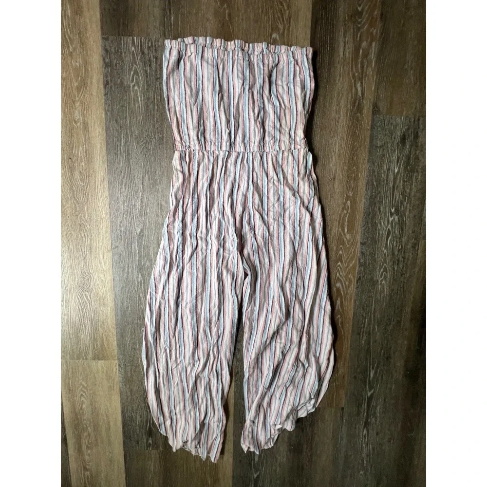 Drew Striped Strapless Jumpsuit Womens Medium Pink‎ Blue Good Wide Leg Slit Boho